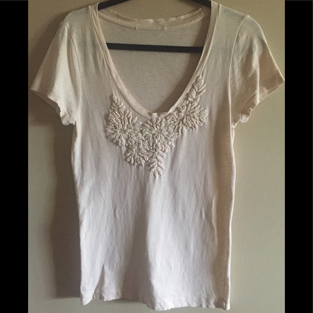 J. Crew Cream Short Sleeve Tee with Embroidered Detail
